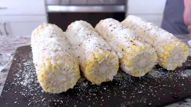 Tray of cooked corn cobs topped with cheese and seasoning