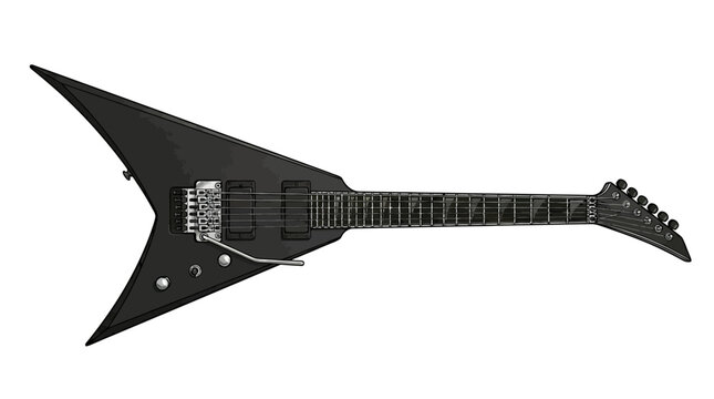 Professional black heavy metal electric guitar with sharp edge and double cutaway design, isolated on a pure white background for musical instrument catalog and rock concert branding.