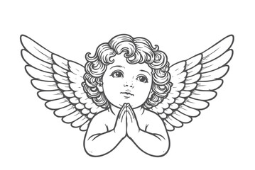 Naklejka premium Black and white vector illustration of a cute cherub angel with curly hair, folded hands in prayer, and detailed feathered wings.