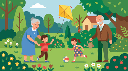 Naklejka premium Happy Grandparents Playing with Grandchildren in Garden