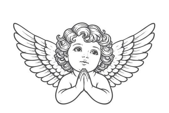 Black and white vector illustration of a cute cherub angel with curly hair, folded hands in prayer, and detailed feathered wings.