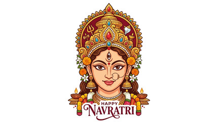 Obraz premium Divine portrait of Hindu Goddess Durga with serene expression for Navratri festival celebration, traditional deity artwork isolated on white background, spiritual Indian mythology icon.