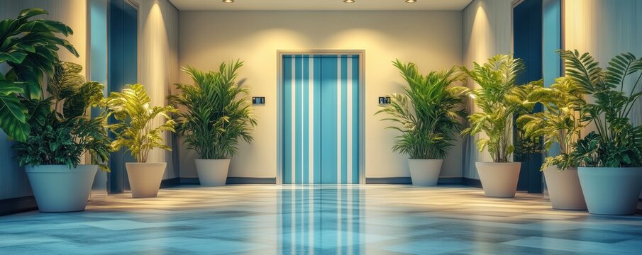 Modern Elevator doors of office or hotel hallway,lemon tree summer season decor santorini style,Lobby interior,scandinavian concept with lift,marble elegant lift for passenger or cargo elevators.