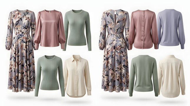 Elegant assortment of women's apparel including floral maxi dress pastel sweaters and chic blouses for a curated contemporary seasonal wardrobe