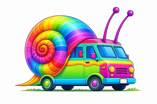 Camping car aux couleurs fluo, van avec coquille d'escargot symbolisant la lenteur