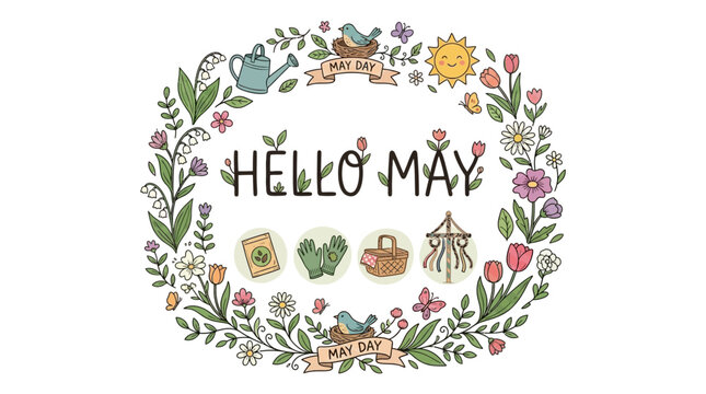 Spring seasonal floral frame featuring lettering hello may with blooming flower isolated on white background for greeting card design