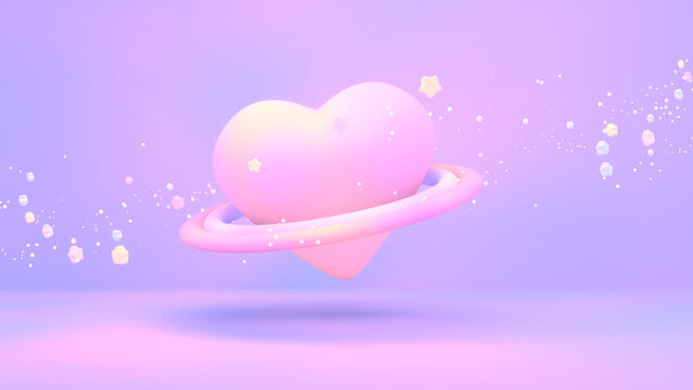 3D render of dreamy heart-shaped planet with stars.