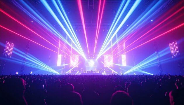 Blue and pink laser beams across a concert arena.
