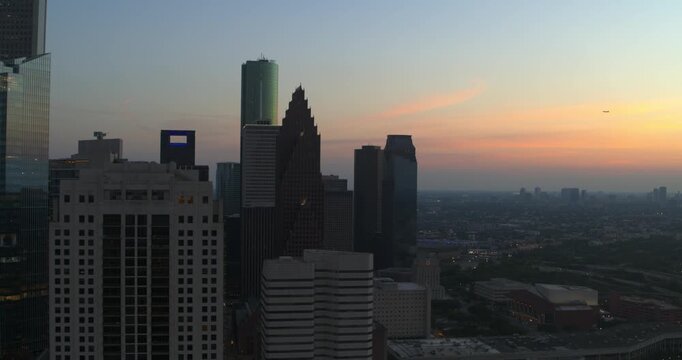 Aerial View of Downtown Houston Skyscrapers at Sunset