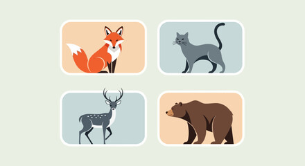 Obraz premium Four animals including a fox, cat, deer, and bear are shown.