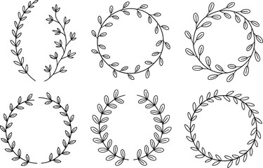 Fototapeta premium Set of elegant hand drawn floral wreath and laurel branch vector elements isolated on white background for wedding design