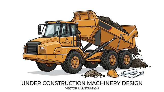 Heavy duty construction tipper truck vector illustration featuring a powerful earthmoving vehicle for industrial transport and site work, isolated on a clean white background for graphic design.