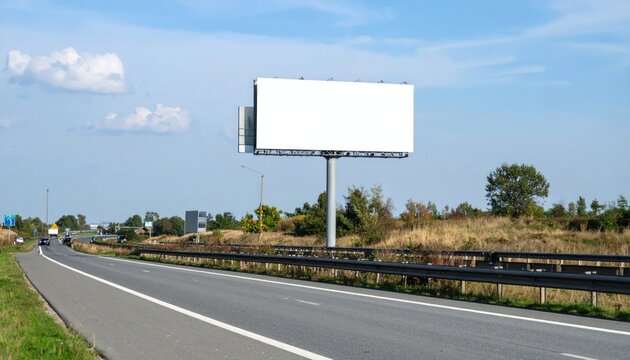 Blank white billboard on rural highway under blue sky.