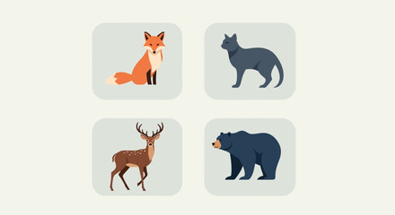 Obraz premium Wild animals including a fox, wolf, deer and bear are shown.