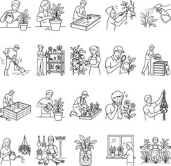 Obraz premium Home Garden Indoor Plant Silhouette Collection - 20 Flat Vector Gardening Plant Care Icons Nature Set