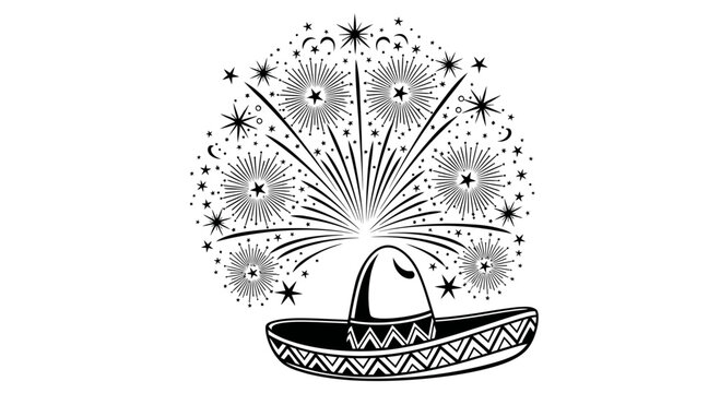 A festive sombrero sits under a vibrant fireworks display in the evening sky with stars.