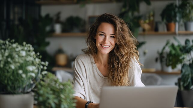 happy entrepreneur working on laptop, modern home office, plants, copy space, lifestyle brand image