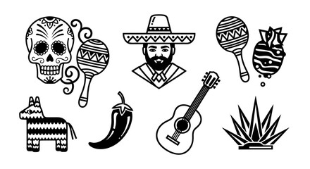Obraz premium Vibrant Mexican festival symbols including skull, maracas, man, guitar, donkey, chili, and plants on display