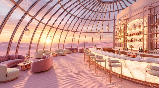 Futuristic luxury lounge bar inside a giant glass dome surrounded by dreamlike pastel-pink sand dunes at golden hour sunset