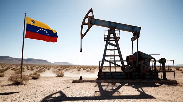 Venezuelan Oil Extraction in Arid Landscape - A pumpjack stands silhouetted against the bright sky in a Venezuelan desert, extracting oil. The Venezuelan flag waves in the distance on a windy day.