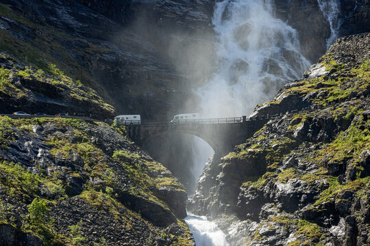 Trollstigen with waterfalls and mountains and winding roads, Norway