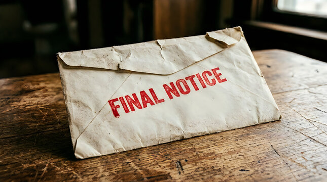 Crumpled envelope with final notice red stamp on a worn wooden table.