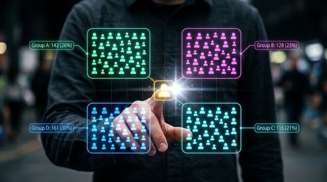 Corporate manager touching holographic interface to analyze real time user group demographic data and engagement percentages for business optimization