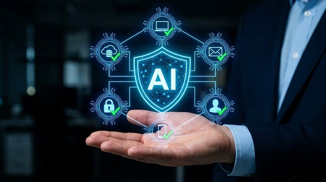 Professional businessman holding holographic security shield icon representing artificial intelligence driven cybersecurity and cloud data protection