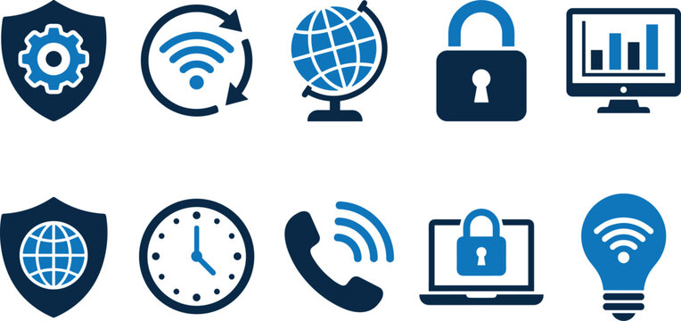 Professional data security and connectivity icons displaying globe shields padlock and monitoring displays.