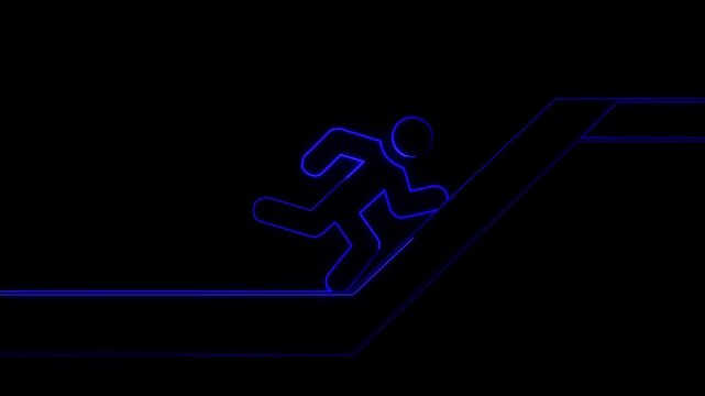 Neon stick man running up a slope animation on black background