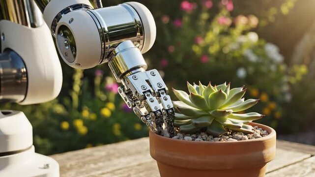 Robot Arm Tending to a Succulent Plant in a Terracotta Pot.