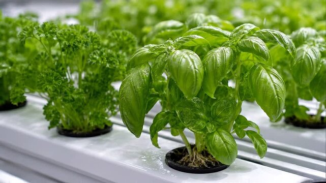 Hydroponic basil sustainability herb indoor green plant leaf fresh vibrant growth parsley aromatic eco friendly garden with water droplets