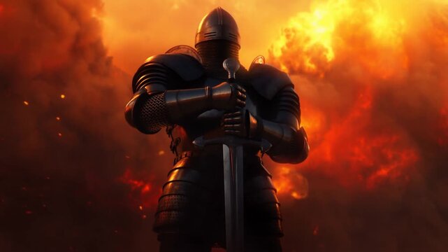 Slow dolly in shot of armored knight standing and gripping sword amid fiery smoke on battlefield