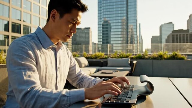 Man working on laptop outdoors with city skyline background during daytime.