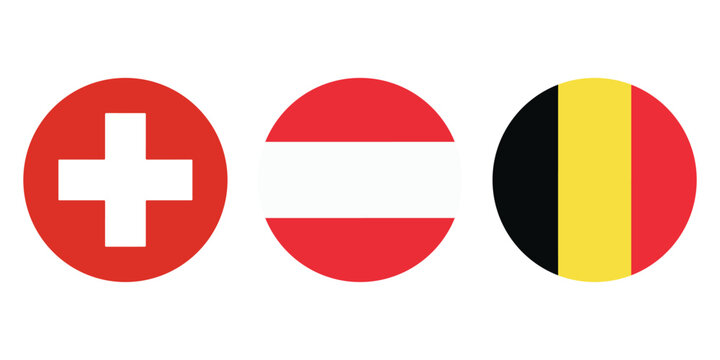 European national flag icons set, round circular flags of Switzerland Austria and Belgium, flat vector world symbols
