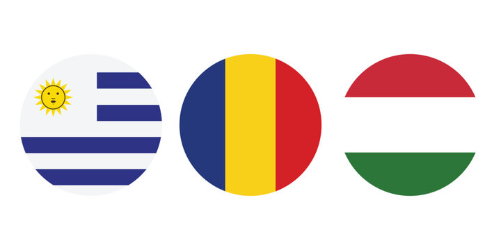 National flag icons of Uruguay, Romania and Hungary. Round country flag vector set. Circular world flags collection.