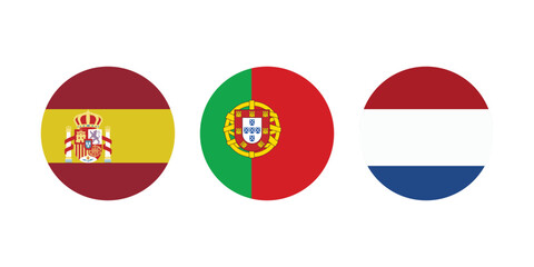 Obraz premium European national flags set, circular icons of Spain Portugal and Netherlands, flat vector country symbols collection