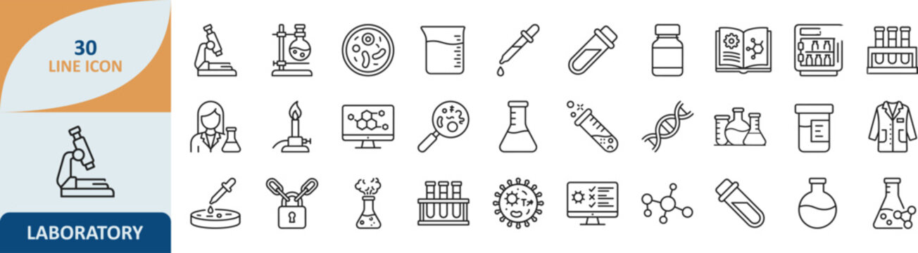 Scientific laboratory and medical research line icons with laboratory research chemistry experiment analysis diagnostic scientist glassware microscope pharmaceutical clinical discovery