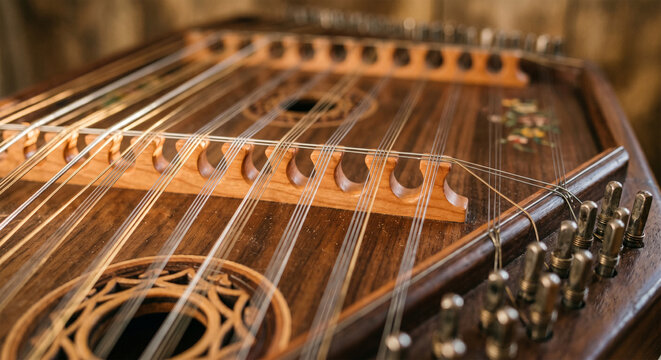A macro close-up photograph of a hammered dulcimer, focusing on the intricate arrangement of steel strings crossing over the wooden bridges. 