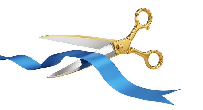 Golden shears cutting bright blue ribbon for grand opening ceremony and business launch celebration.