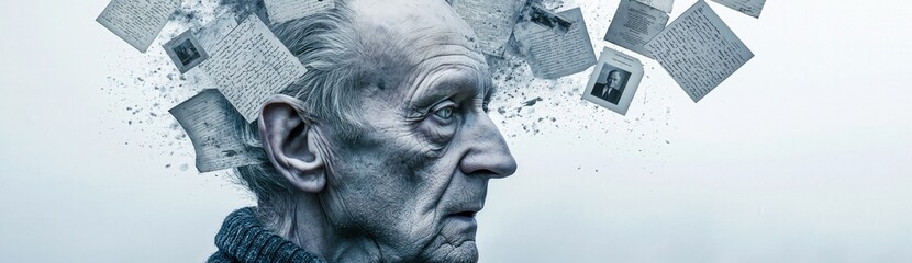 Fototapeta premium Elderly Man Profile with Dissolving Diary Pages and Vintage Photos Alzheimer Memory Loss Concept