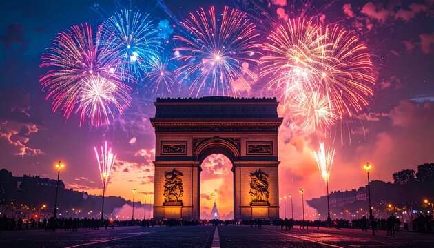 Evening view of a triumphal arch with vibrant fireworks exploding in the night sky