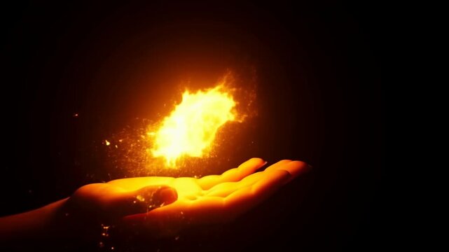 Slow motion closeup of hand holding flickering flame with hovering sparks over dark studio background, palm facing up, glowing fire effect