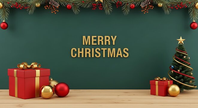 Festive christmas scene with gifts and tree holiday decorations and greetings