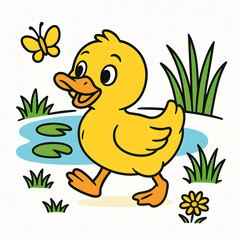 Fototapeta premium Cute Yellow Duckling by Pond with Butterfly – Kids Cartoon Illustration