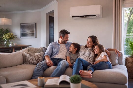 Happy Family Enjoying Indoor Comfort with Modern Air Conditioning System at Home