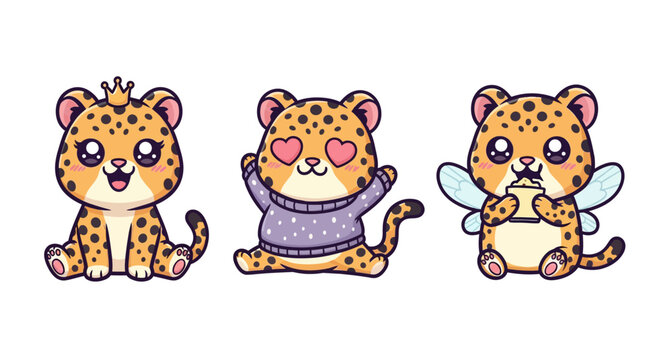 Cute cartoon leopard characters with different outfits and accessories.
