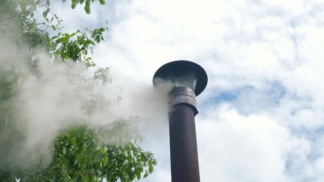 White smoke dissipates in the wind from a tall stovepipe against a blue sky with clouds. Close-up of a sauna chimney next to green tree branches on a summer day.