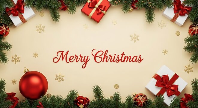 Festive christmas scene with gifts ornaments and 'merry christmas' text