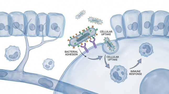 Scientific illustration showing the cellular mechanism of bacterial adhesion and internalization processes within the human immune system